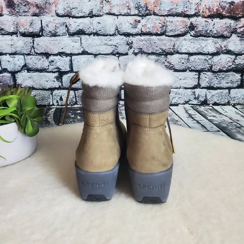 Sperry Tan Lace-Up Fur Collar Ankle Booties
